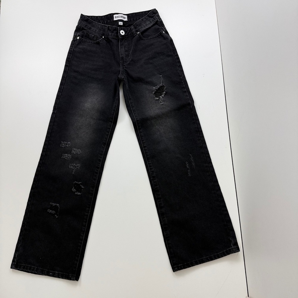 Disclosure‎ Womens Distressed Wide Leg Jeans Faded Black NYC Leopard Patch 1/25